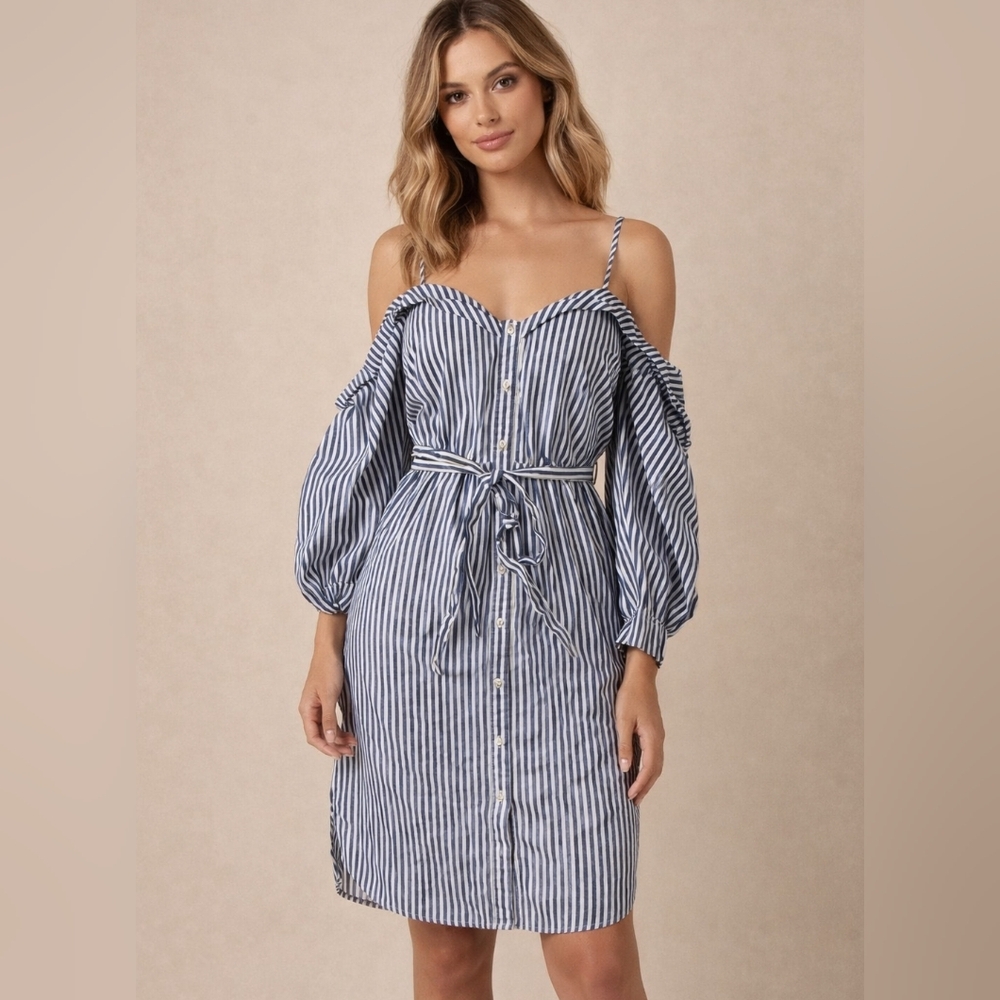 Bardot Blue and White Striped Cold-Shoulder Tie-Waist Mini Dress